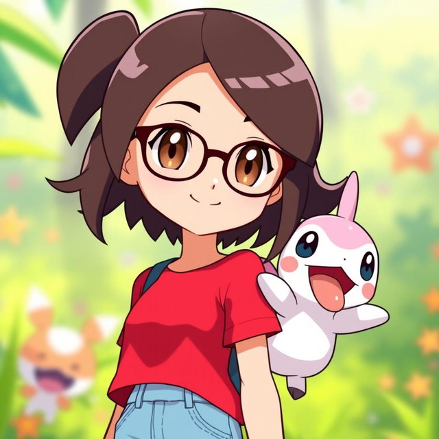 A vibrant Pokemon style animation featuring a 28 year old Asian girl with shoulder length dark brown hair, parted slightly off center, and dark brown eyes