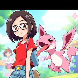 A vibrant Pokemon style animation featuring a 28 year old Asian girl with shoulder length dark brown hair, parted slightly off center, and dark brown eyes
