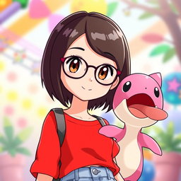 A vibrant Pokemon style animation featuring a 28 year old Asian girl with shoulder length dark brown hair, parted slightly off center, and dark brown eyes