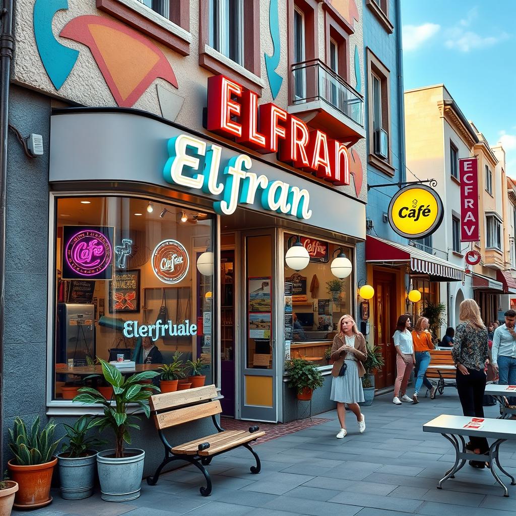 A realistic exterior view of a café named 'Elfran'