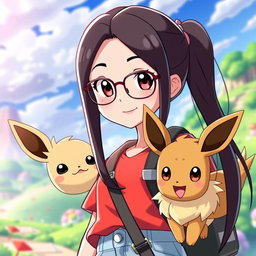 A vibrant Pokemon style animation featuring a 28 year old Asian girl with long dark brown hair, parted slightly off center, and dark brown eyes