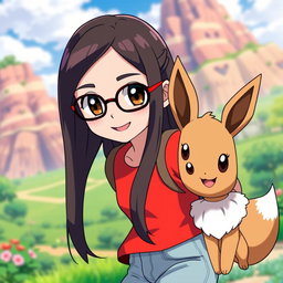 A vibrant Pokemon style animation featuring a 28 year old Asian girl with long dark brown hair, parted slightly off center, and dark brown eyes