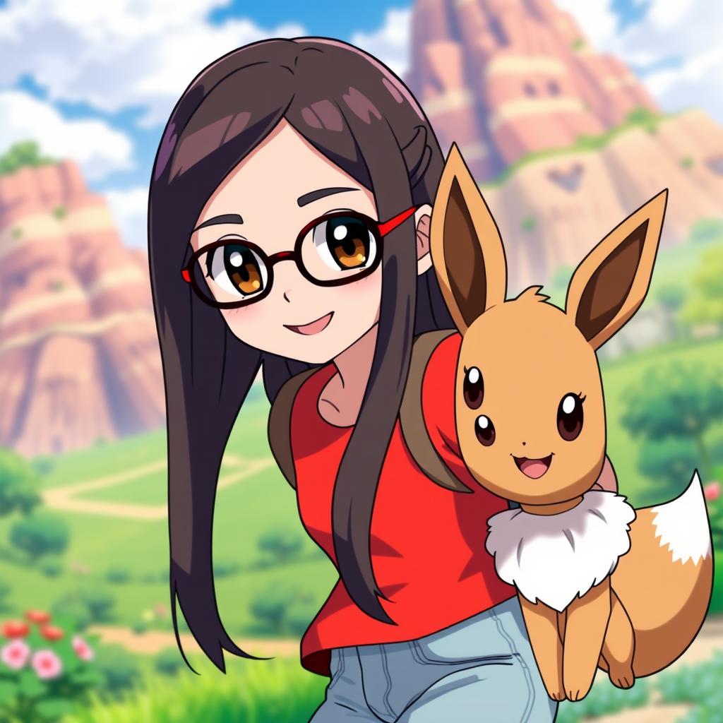 A vibrant Pokemon style animation featuring a 28 year old Asian girl with long dark brown hair, parted slightly off center, and dark brown eyes