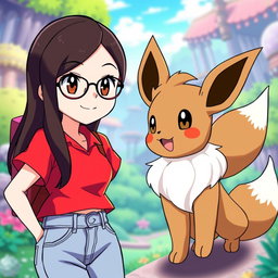 A vibrant Pokemon style animation featuring a 28 year old Asian girl with long dark brown hair, parted slightly off center, and dark brown eyes