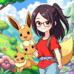 A vibrant Pokemon style animation featuring a 28 year old Asian girl with long dark brown hair, parted slightly off center, and dark brown eyes