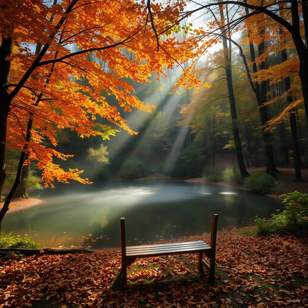 A serene forest scene during autumn, with vibrant orange, red, and yellow leaves falling gently from the trees