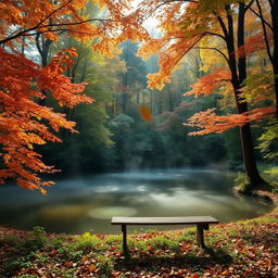 A serene forest scene during autumn, with vibrant orange, red, and yellow leaves falling gently from the trees