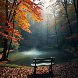 A serene forest scene during autumn, with vibrant orange, red, and yellow leaves falling gently from the trees