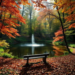 A serene forest scene during autumn, with vibrant orange, red, and yellow leaves falling gently from the trees