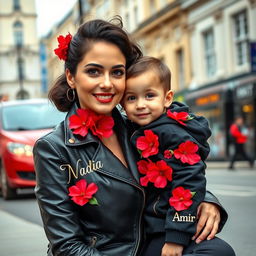 A beautiful, fair-skinned woman sitting on a busy London street, wearing a stylish black leather jacket adorned with vibrant red flowers