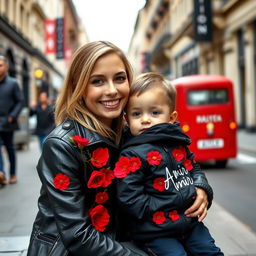 A beautiful, fair-skinned woman sitting on a busy London street, wearing a stylish black leather jacket adorned with vibrant red flowers