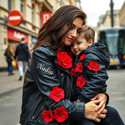 A beautiful, fair-skinned woman sitting on a busy London street, wearing a stylish black leather jacket adorned with vibrant red flowers