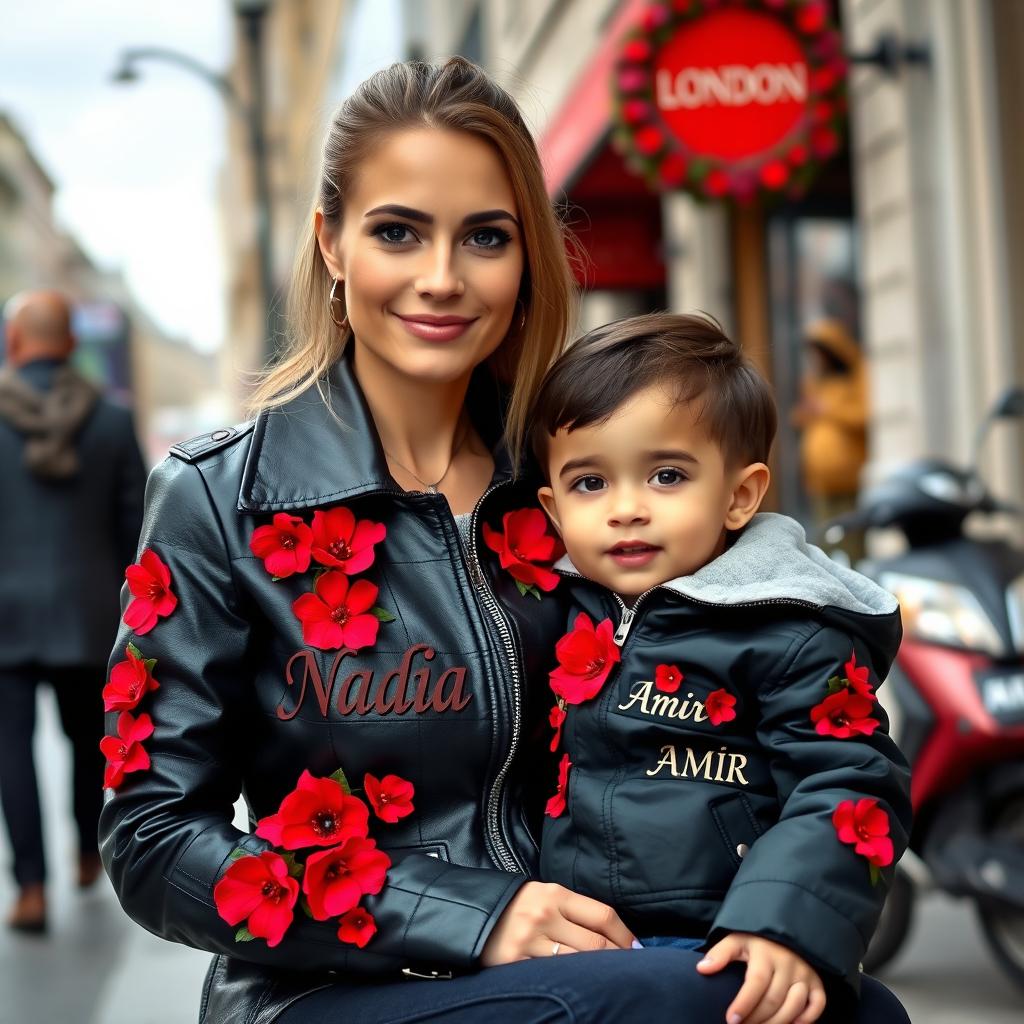 A beautiful, fair-skinned woman sitting on a busy London street, wearing a stylish black leather jacket adorned with vibrant red flowers