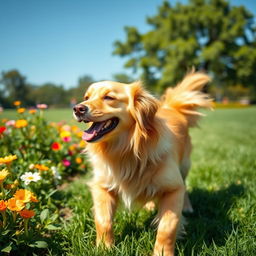 A happy dog walking in a lush green park, enjoying the warm sunshine