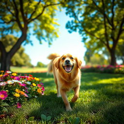 A happy dog walking in a lush green park, enjoying the warm sunshine