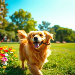 A happy dog walking in a lush green park, enjoying the warm sunshine
