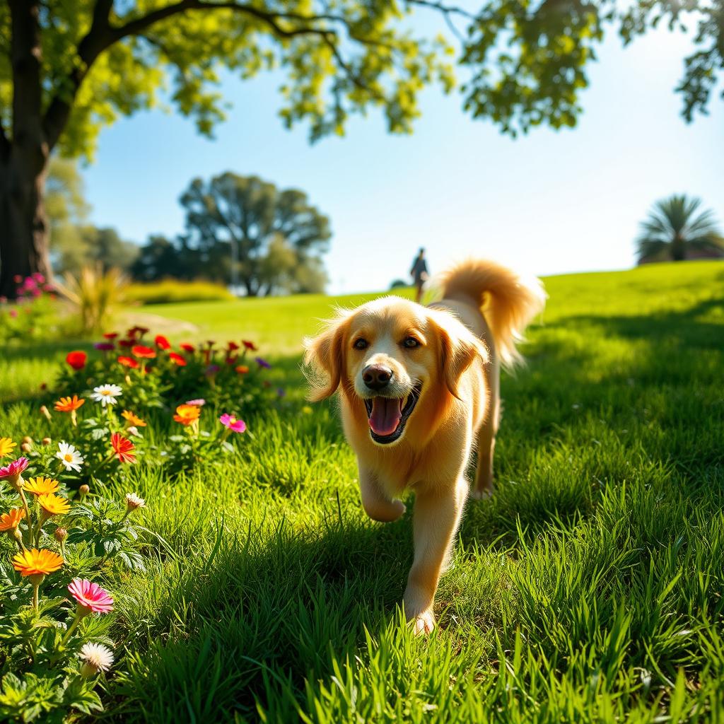 A happy dog walking in a lush green park, enjoying the warm sunshine