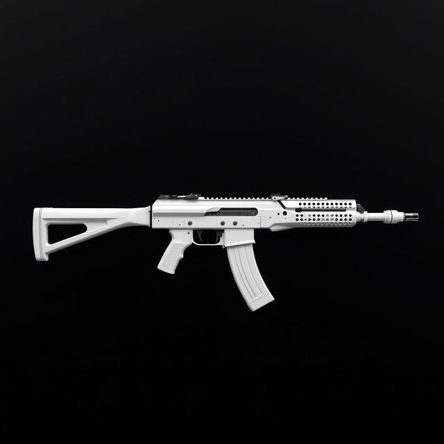 A sleek and futuristic design of an AK-47 assault rifle with a pristine white finish