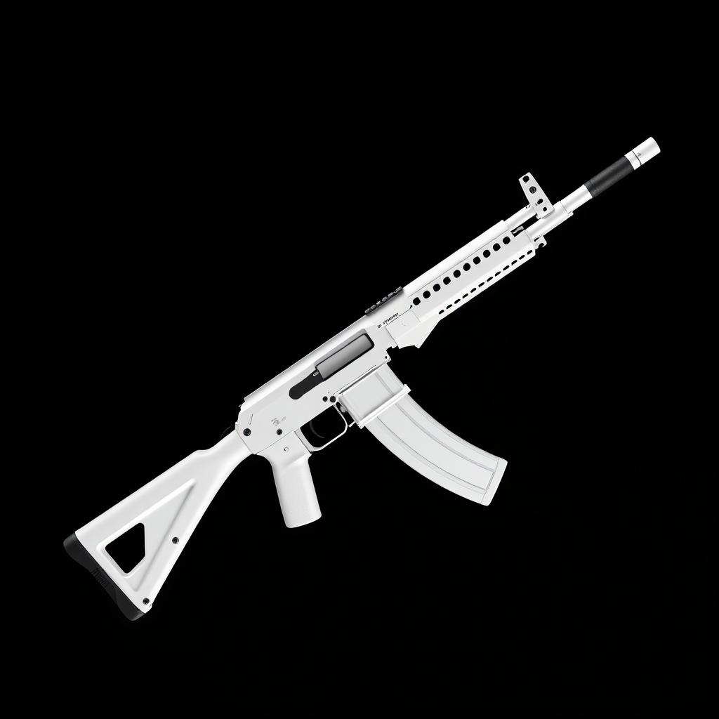 A sleek and futuristic design of an AK-47 assault rifle with a pristine white finish