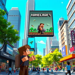 A pixelated character resembling an adventurous blocky figure, featuring Steve from Minecraft, exploring a vibrant and bustling city filled with tall skyscrapers, busy streets, and colorful shops