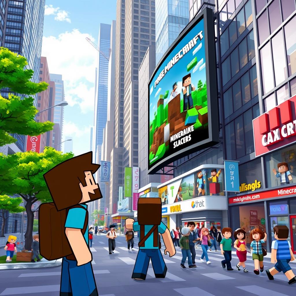 A pixelated character resembling an adventurous blocky figure, featuring Steve from Minecraft, exploring a vibrant and bustling city filled with tall skyscrapers, busy streets, and colorful shops