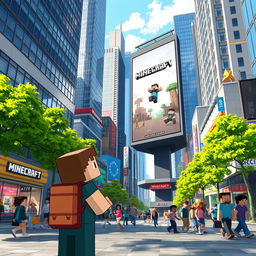 A pixelated character resembling an adventurous blocky figure, featuring Steve from Minecraft, exploring a vibrant and bustling city filled with tall skyscrapers, busy streets, and colorful shops