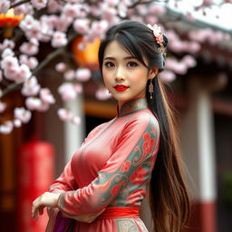A beautiful Chinese girl dressed in a stunning, form-fitting traditional Chinese outfit, featuring intricate silk patterns in vibrant colors
