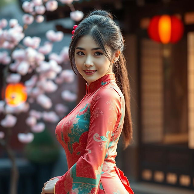 A beautiful Chinese girl dressed in a stunning, form-fitting traditional Chinese outfit, featuring intricate silk patterns in vibrant colors