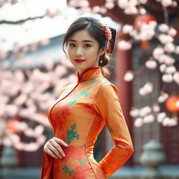A beautiful Chinese girl dressed in a stunning, form-fitting traditional Chinese outfit, featuring intricate silk patterns in vibrant colors