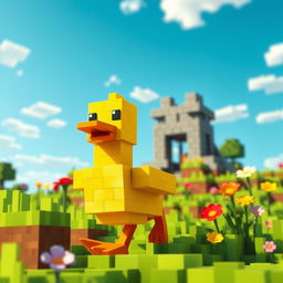 A whimsical scene featuring a cute, blocky duck waddling through a vibrant Minecraft world