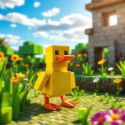 A whimsical scene featuring a cute, blocky duck waddling through a vibrant Minecraft world