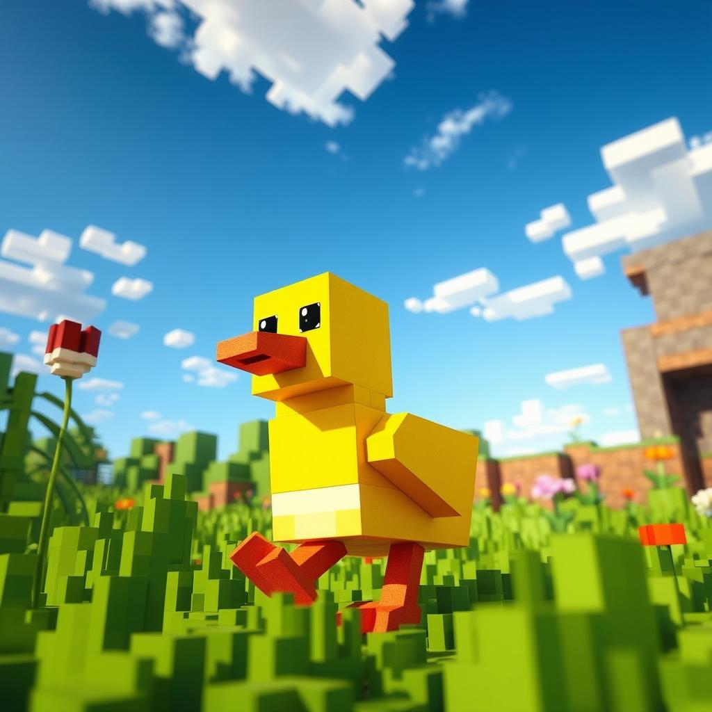 A whimsical scene featuring a cute, blocky duck waddling through a vibrant Minecraft world