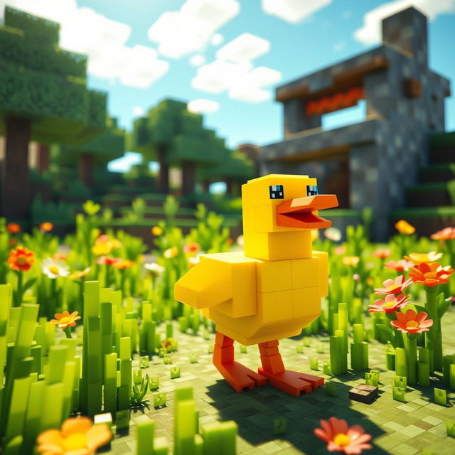 A whimsical scene featuring a cute, blocky duck waddling through a vibrant Minecraft world