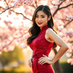 A captivating Chinese girl dressed in a sexy red maroon outfit that combines modern and traditional design elements, featuring delicate embroidery and a fitted silhouette