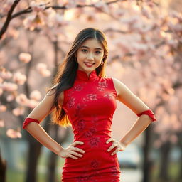 A captivating Chinese girl dressed in a sexy red maroon outfit that combines modern and traditional design elements, featuring delicate embroidery and a fitted silhouette