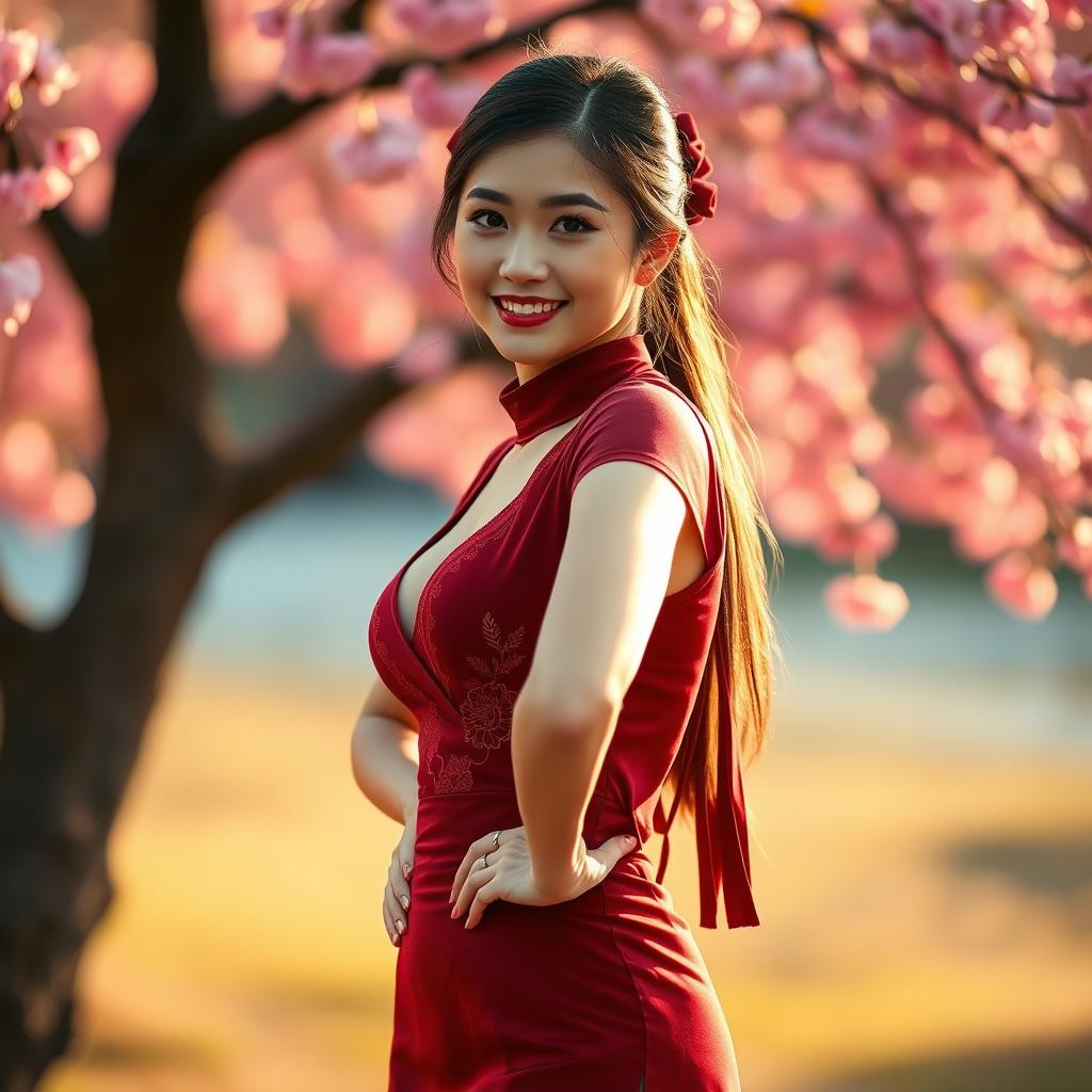 A captivating Chinese girl dressed in a sexy red maroon outfit that combines modern and traditional design elements, featuring delicate embroidery and a fitted silhouette