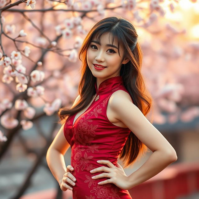 A captivating Chinese girl dressed in a sexy red maroon outfit that combines modern and traditional design elements, featuring delicate embroidery and a fitted silhouette