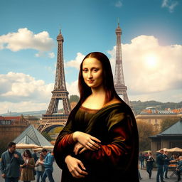 A creative reimagining of the Mona Lisa painting, set against the vibrant backdrop of Paris