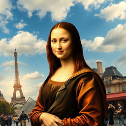 A creative reimagining of the Mona Lisa painting, set against the vibrant backdrop of Paris