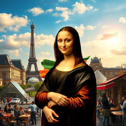 A creative reimagining of the Mona Lisa painting, set against the vibrant backdrop of Paris