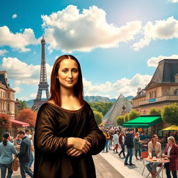 A creative reimagining of the Mona Lisa painting, set against the vibrant backdrop of Paris
