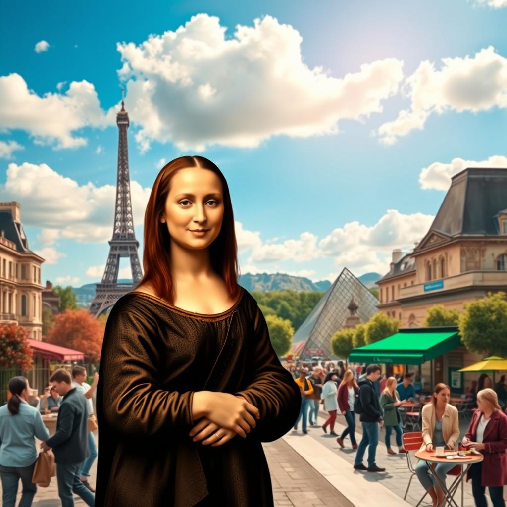 A creative reimagining of the Mona Lisa painting, set against the vibrant backdrop of Paris