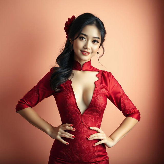 A stunning Chinese girl clad in a sexy red maroon outfit that beautifully merges traditional and modern styles, highlighting intricate designs and a flattering fit