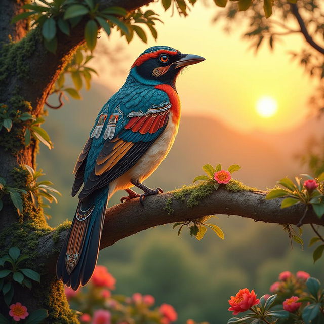 A beautifully detailed Native American-inspired sparrow, adorned with colorful feather patterns and intricate tribal designs on its wings