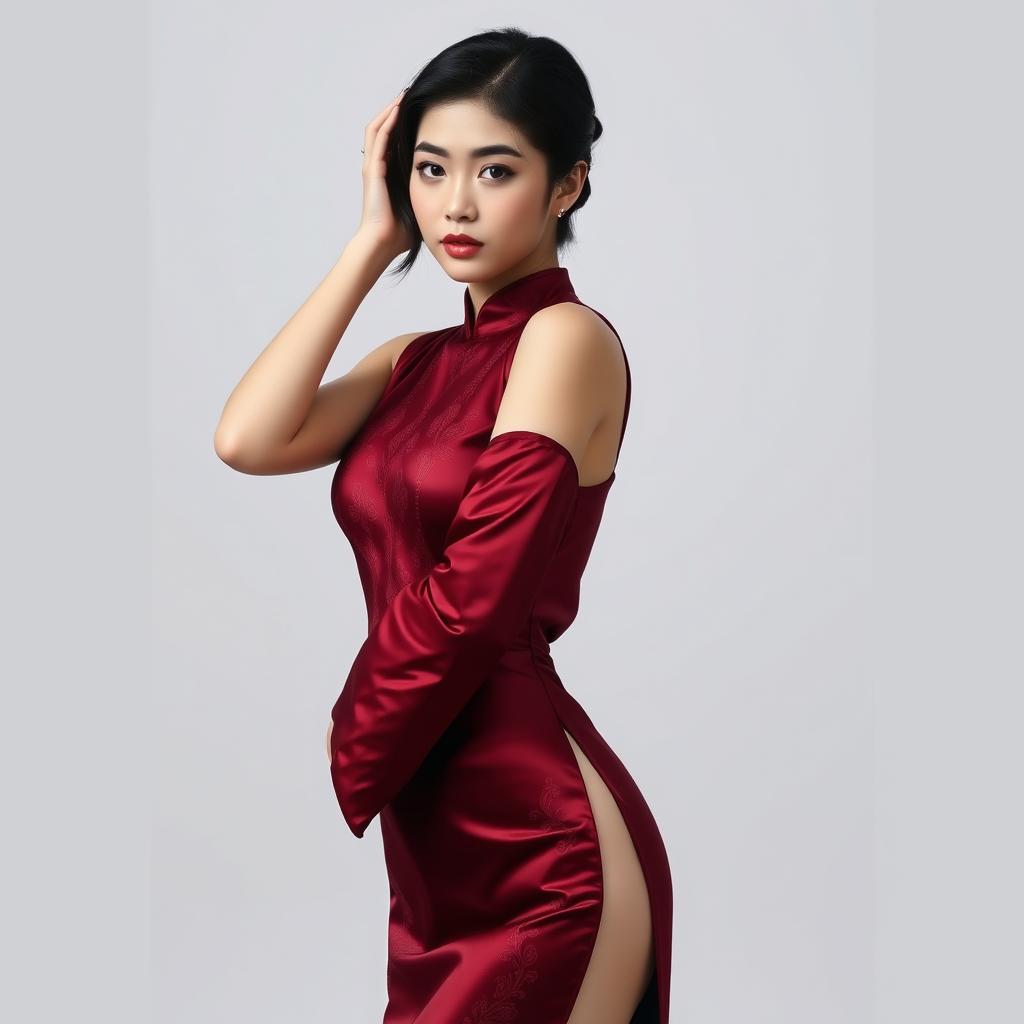 A striking Chinese girl in a sexy red maroon outfit that beautifully features traditional motifs and modern cuts, accentuating her figure