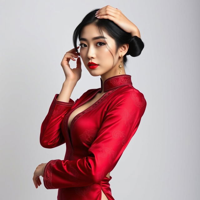 A striking Chinese girl in a sexy red maroon outfit that beautifully features traditional motifs and modern cuts, accentuating her figure