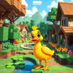 A cute and stylized duck standing in a vibrant Minecraft village, surrounded by pixelated trees, blocky houses, and colorful farm crops