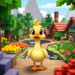 A cute and stylized duck standing in a vibrant Minecraft village, surrounded by pixelated trees, blocky houses, and colorful farm crops