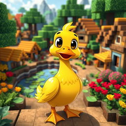 A cute and stylized duck standing in a vibrant Minecraft village, surrounded by pixelated trees, blocky houses, and colorful farm crops