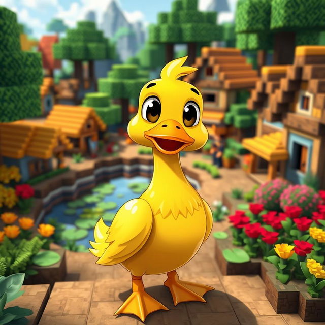 A cute and stylized duck standing in a vibrant Minecraft village, surrounded by pixelated trees, blocky houses, and colorful farm crops